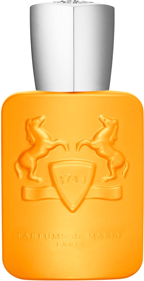 A perfume bottle with a white cap and orange body, featuring two rearing horses and a shield in the center.