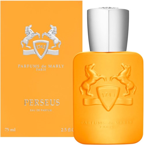 A bright orange perfume bottle with a silver cap, featuring a crest with two rearing horses and the word Perseus.