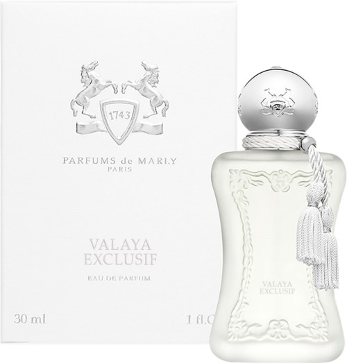 Ein Parfümflasche mit dekorativem Deckel und Quaste, und eine weiße Verpackung mit Logo und Text für Valaya Exclu