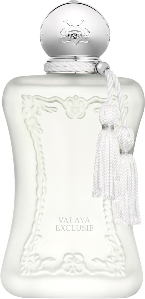 Eine weiße Parfümflasche mit verzierter Kante, runder Kappe und weißen Quasten. Text sagt "VALAYA EXCLUSIF."