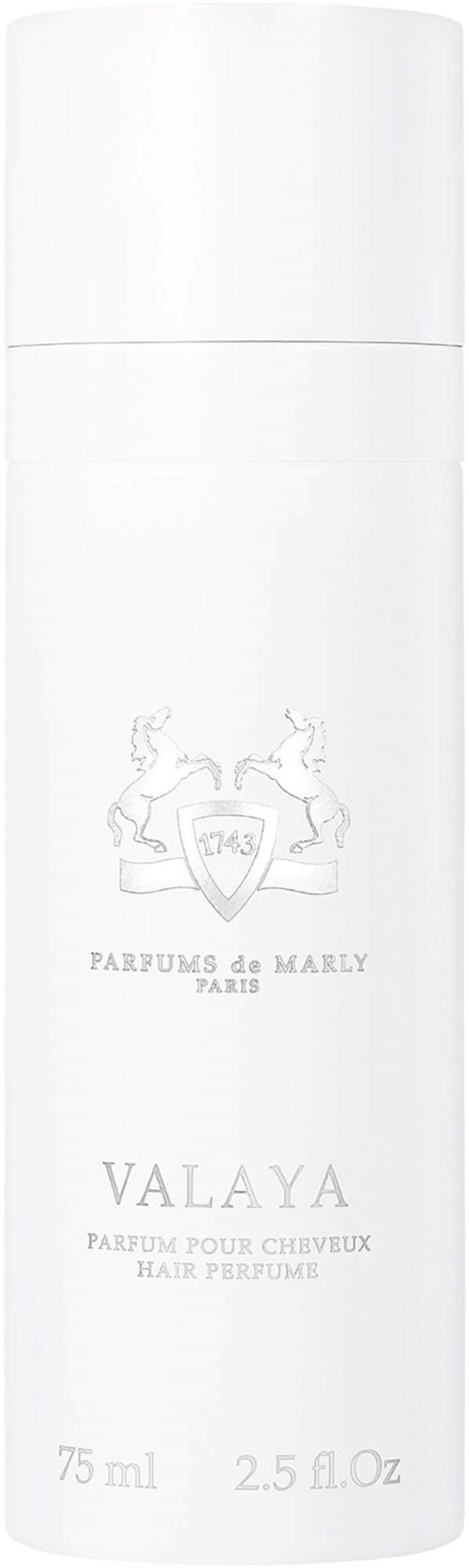 A white cylindrical bottle with a logo of lions and text, indicating it is a hair perfume called Valaya.