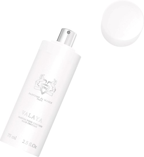 A white perfume spray bottle with a logo, text, and a white cap beside it on a white background.