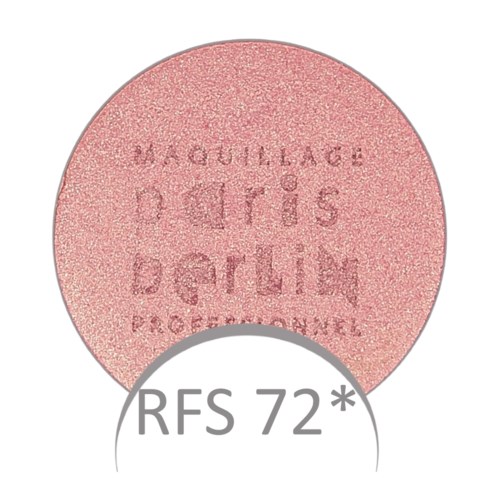 Een ronde roze oogschaduw met merk- en productinformatie in het midden en een label met 'RFS 72*' onderaan.