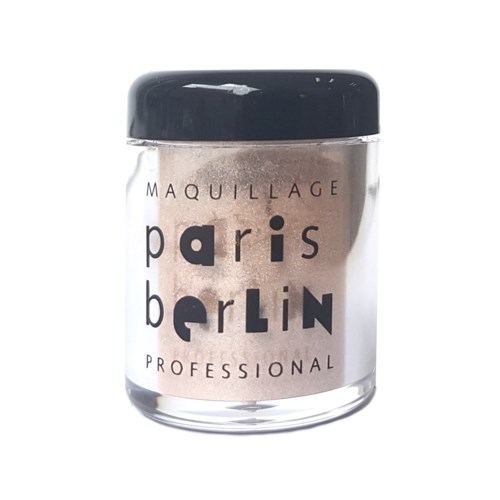 Een heldere container met zwart deksel, gelabeld 'Paris Berlin Professional' en 'Maquillage'.