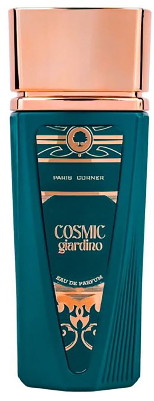 Een blauwe parfumfles met gouden ontwerpen en een roségouden dop, gemarkeerd 'Cosmic Giardino' en 'Eau de Parfum'.