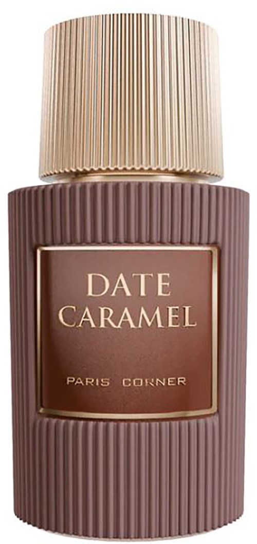 Eine Flasche mit riffelartigem, lila Körper und beigem Deckel. Beschriftet mit 'Date Caramel' von Paris Corner.