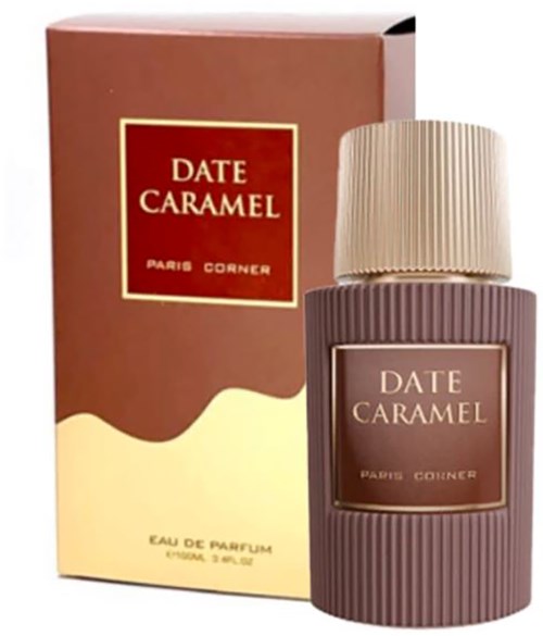 Ein Parfümflasche namens 'Date Caramel' neben ihrer Schachtel, beide haben eine braune und beige Farbgebung.