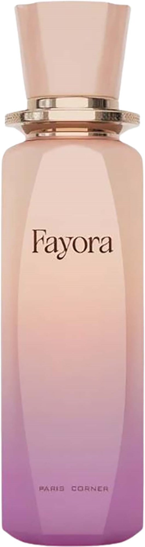 En lang, rosa og lilla gradient parfymeflaske med en gullring og en lys rosa hette. Merket sier 'Fayora'.