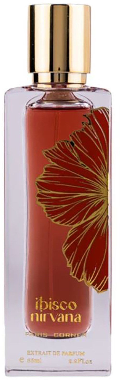 Ein Parfümflasche mit Goldkappe und einem großen Blumenmuster auf der Vorderseite. Das Etikett sagt "ibisco nirvana."