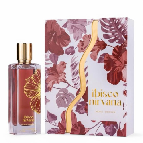 Ein Parfümflasche und eine blumenmusterte Box mit Goldakzenten, etiketti 'ibisco nirvana Paris Corner'.