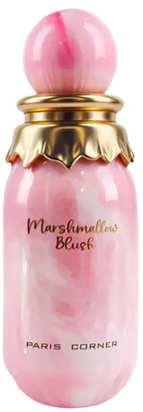Een roze parfumfles met een gouden ring, ronde dop en tekst 'Marshmallow Blush' en 'Paris Corner.'