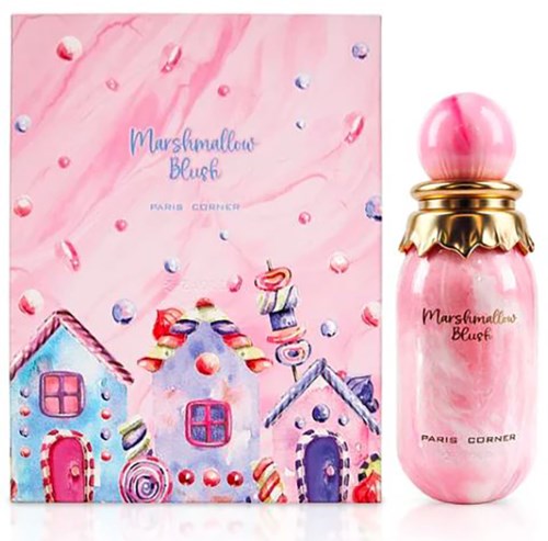 Een roze parfumfles en bijpassende verpakking met kleurrijke huisjes, snoepjes en een fantasierijk ontwerp.