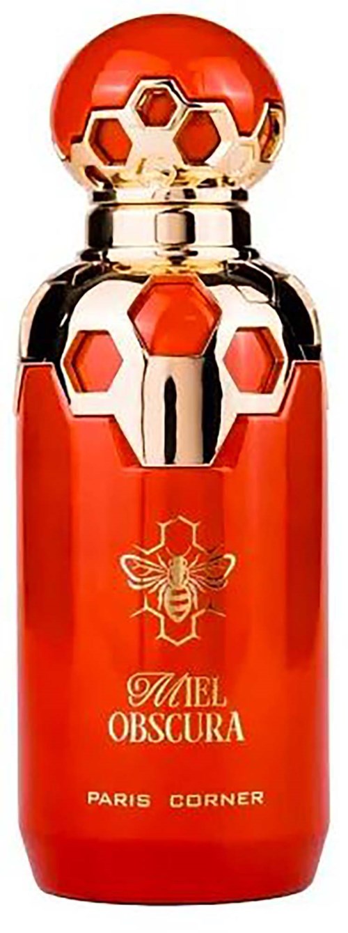 Rood parfumflesje met bijen en honingraatontwerpen, gouden accenten en tekst 'Miel Obscura'.