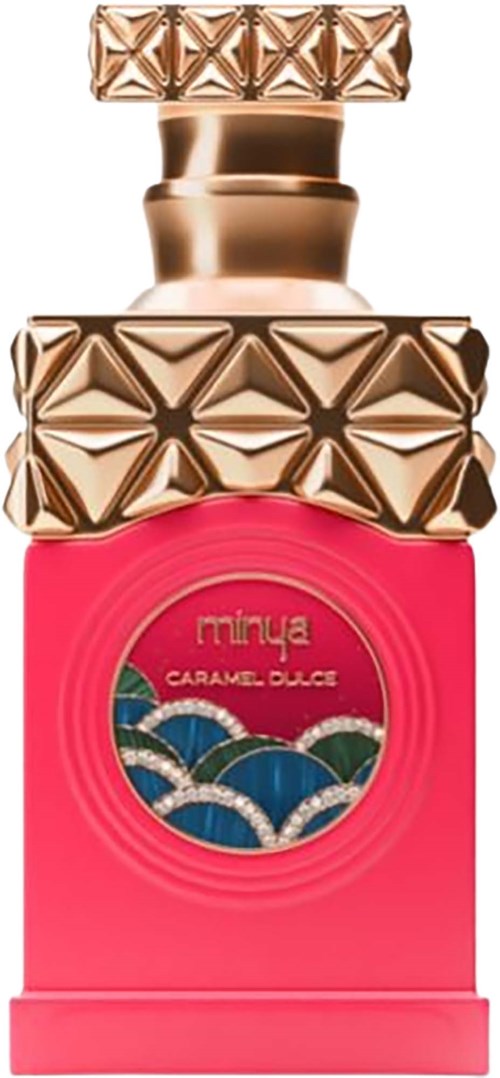 Een roze parfumfles met een gouden dop en een decoratieve gouden band, gemerkt "Minya Caramel Boulet."