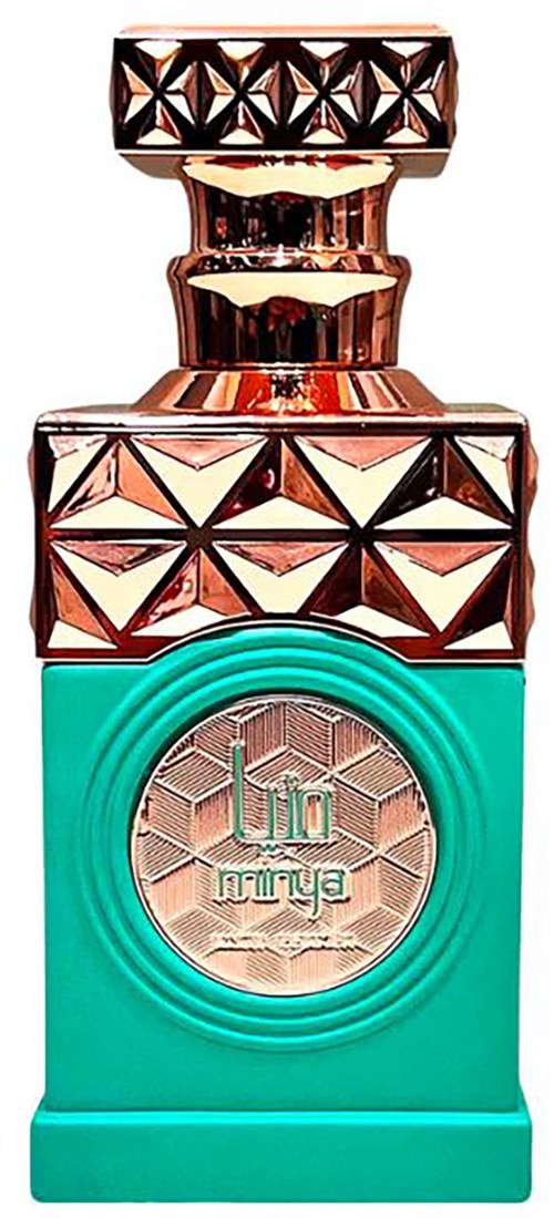 Een kleurrijke parfumfles met een geometrisch ontwerp in turquoise en roségoud.