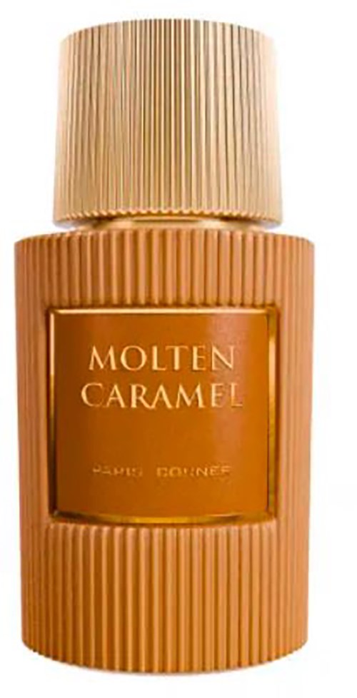 Een kleine, geribbelde fles met 'Molten Caramel' en een beige dop.