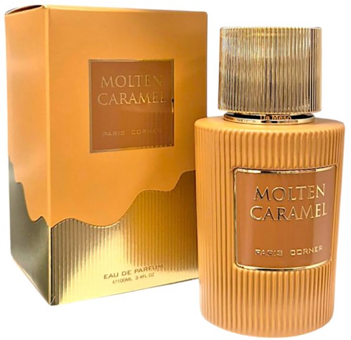 Een parfumfles en doos met de titel 'Molten Caramel' in goud- en perzikkleuren, met een getextureerde dop.