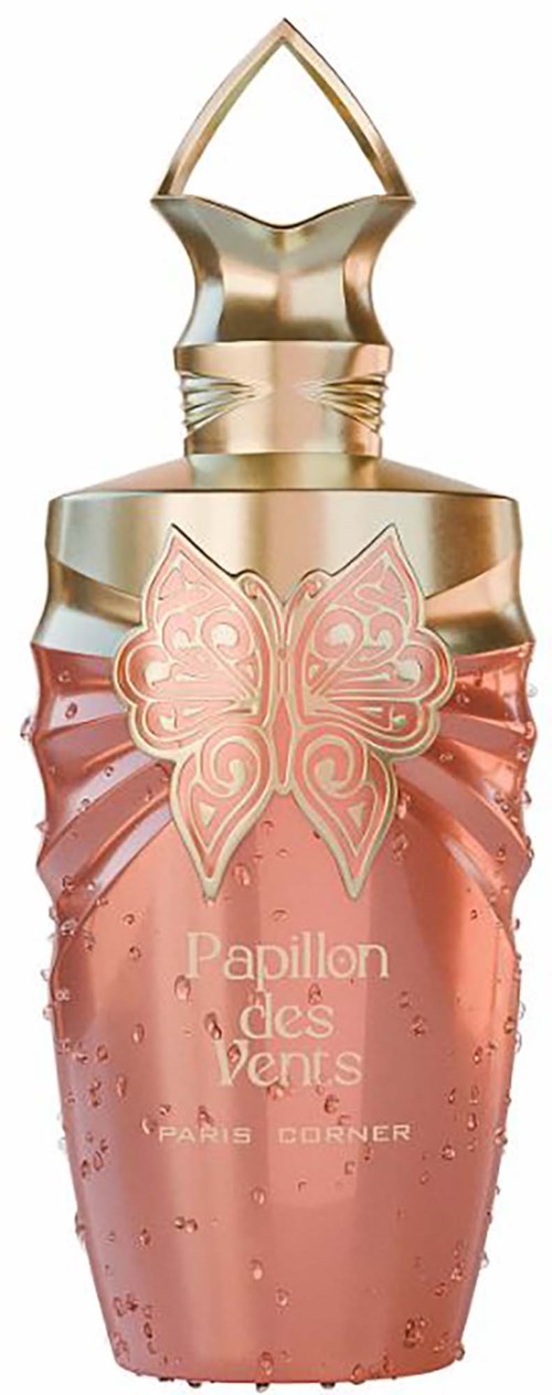 En parfymeflaske formet som en sommerfugl med gulllokk, rosa væske og dekorative vinger, merket "Papillon des Vents."