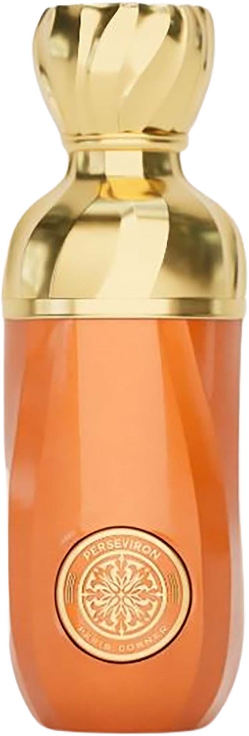 Een goudgekleurde en oranje parfumfles met ronde etiket en decoratieve dop.
