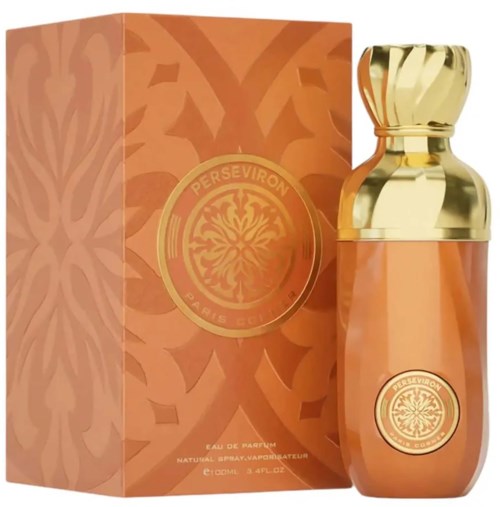 Een parfumfles met gouden dop naast een bijpassend oranje doos met gouden cirkellogo.