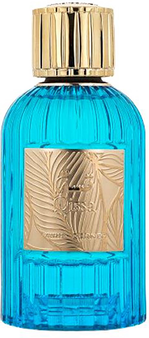 Blauwe fles met gouden dop en gouden label met bladpatronen.