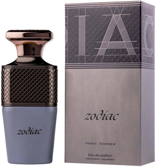 En parfymflaska och förpackning märkta 'zodiac' och 'PARIS CORNER', med en elegant design och grå färgschema.