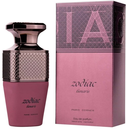 Roze parfumfles met zilveren dop naast een roze doos met 'L'A string zodiac lunar' erop.