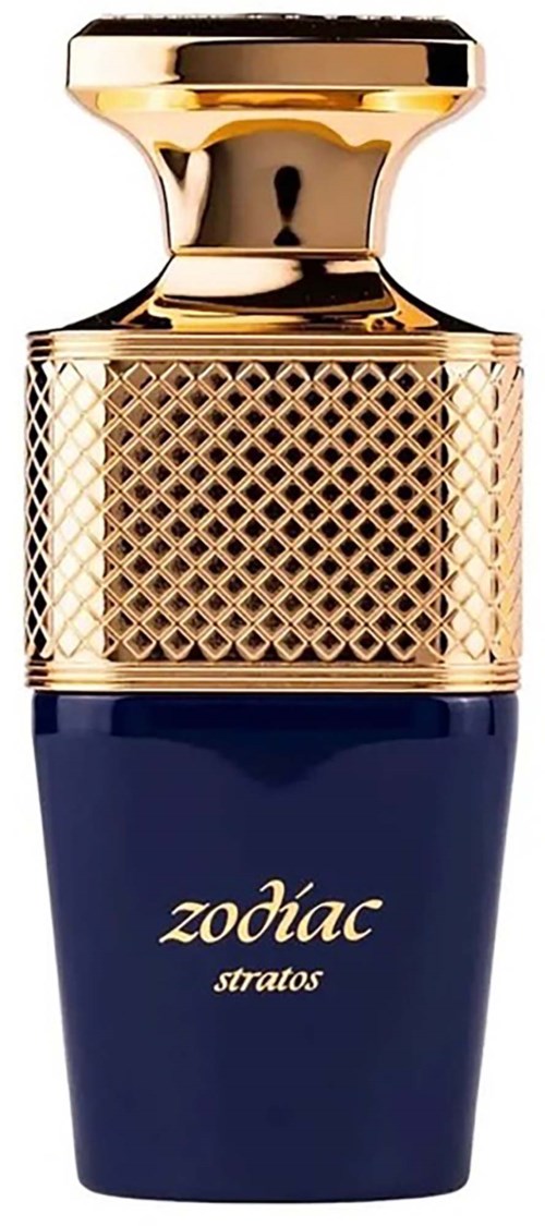 Een parfumfles met een gouden dop en een donkerblauwe body met de naam 'Zodiac Stratos'.