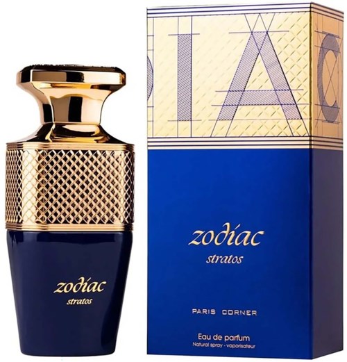 Een luxe blauwe en gouden parfumfles en doos met de tekst "Zodiac Stratos" en "Paris Corner".