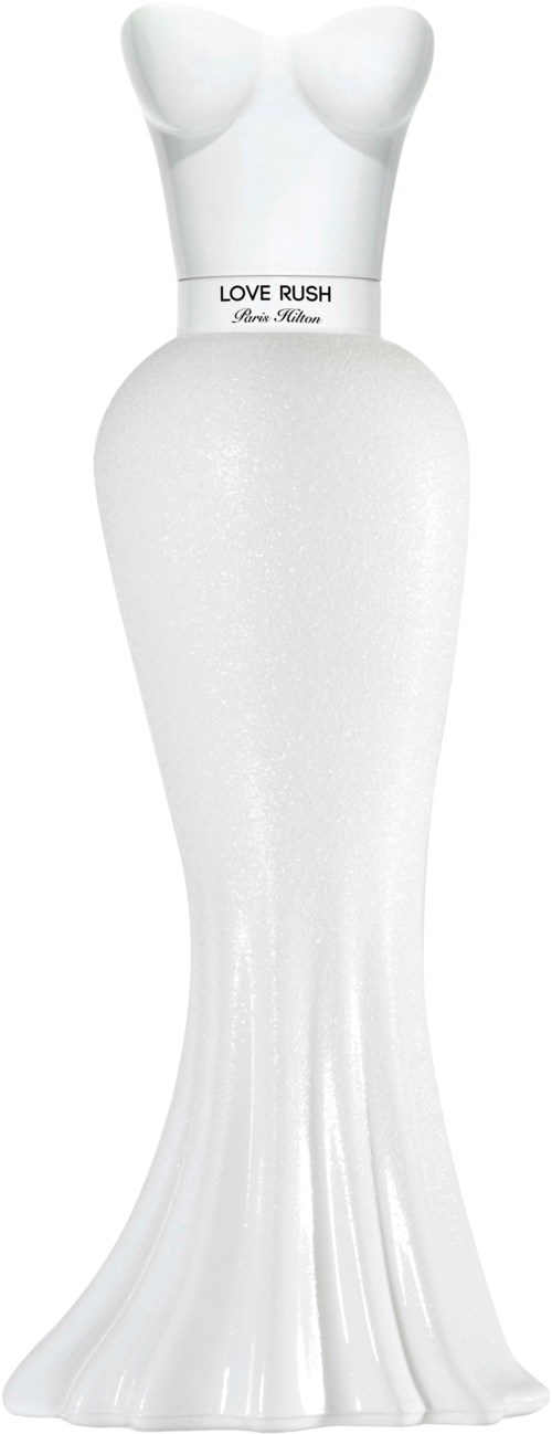 Een witte fles in de vorm van een vrouw in een lange jurk met een boezemtop. Het label zegt "LOVE RUSH".