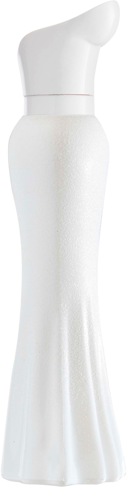 Een witte fles met een gebogen dop, lang en slank, mogelijk voor lotion of creme, op een witte achtergrond.