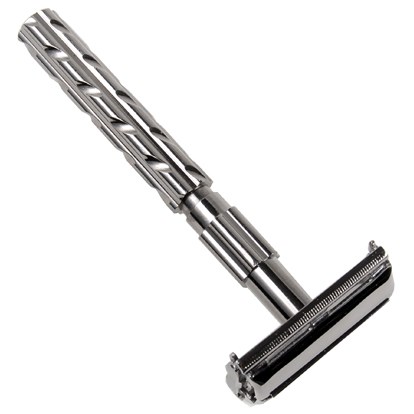 A metallic safety razor with a textured handle and a horizontal shaving head.
