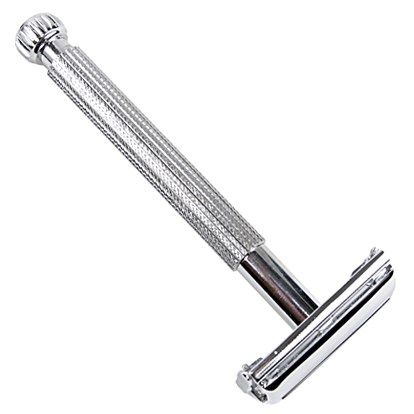 A shiny metal safety razor with a textured handle and a double blade head.