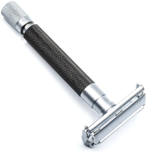 A safety razor with a textured black handle and silver head, used for shaving.
