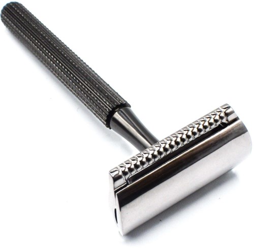 A classic safety razor with a textured handle and a shiny metal head for shaving.