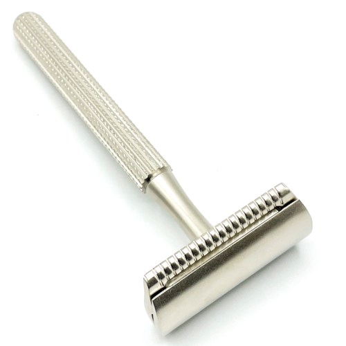 A metal safety razor with a textured handle and a straight blade cover.