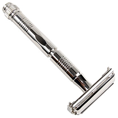 A shiny, metallic safety razor shows a long handle and a flat razor head.