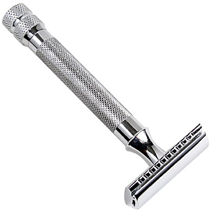 A metal safety razor with a knurled handle and a double-edge blade, used for shaving.