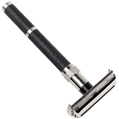 A safety razor with a textured handle and a straight blade. It is used for shaving.