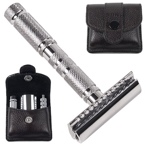 A safety razor with a textured metal handle, a small black leather case, and a silver replacement head.
