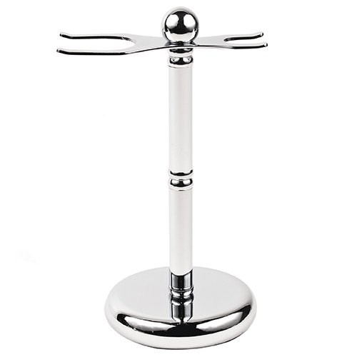 A silver stand with a round base, a vertical rod, and a horizontal arm with two prongs.