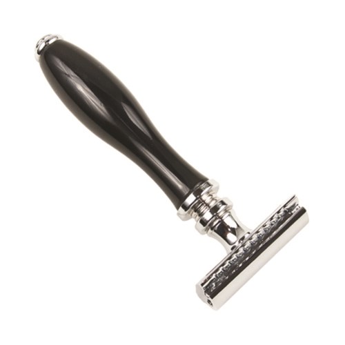 A safety razor with a black handle and a metal head, used for shaving.