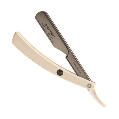 A straight razor with a white handle and a metallic blade, partly open, used for shaving.