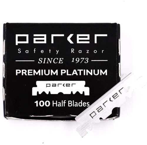 A black box of Parker safety razors with 100 half blades, labeled 'Premium Platinum' and 'Since 1973'.