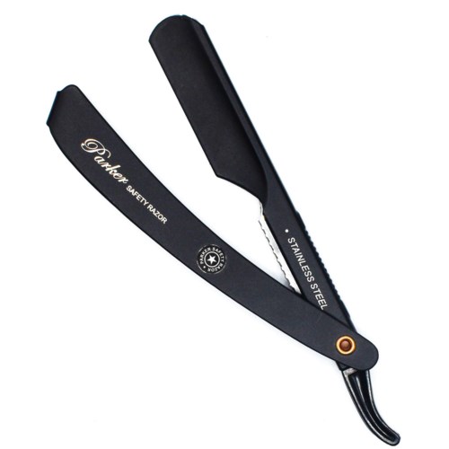 A straight razor with a black handle, labeled 'Danker safety razor' and 'stainless steel,' partially opened.