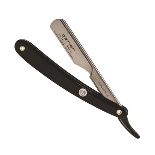 En rett barberhøvel med svart håndtak og skinnende metallblad.