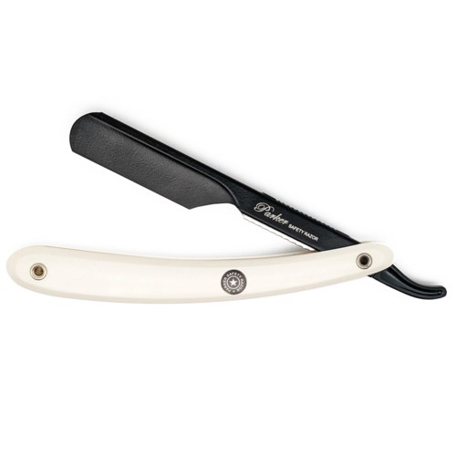 A straight razor with a black blade and a white handle. The handle is curved and has a circular design.