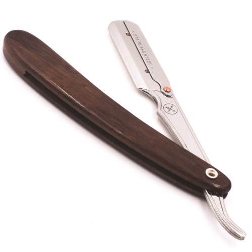A straight razor with a wooden handle and metal blade, shown with its wooden case.
