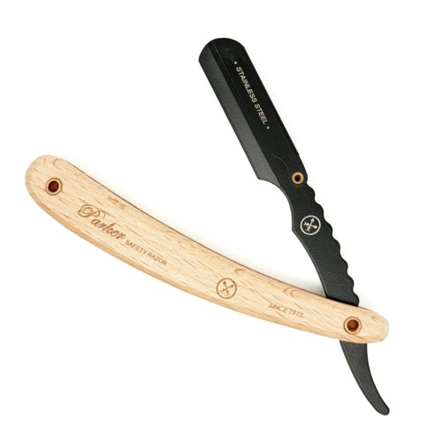A straight straight razor with a wooden handle and a black metal blade. The handle has engraved text and a logo.