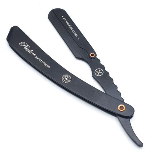 A straight razor with black handle and blade, labeled 'Danker Safety Razor'.